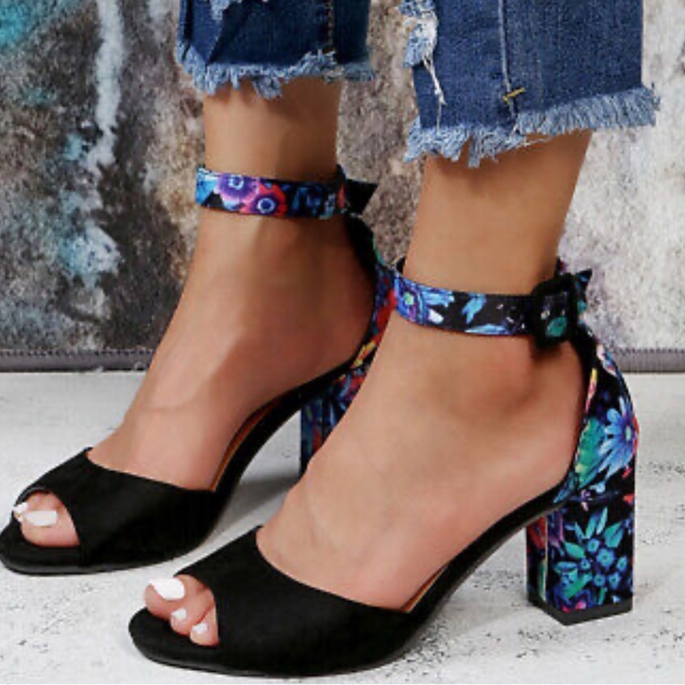 JUTI Floral Ankle Strap Buckle Fish Mouth Open Toe  Chunky High Heel Shoes